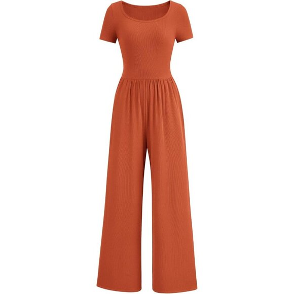 Pants - Women's Brick Red Summer Short Sleeve Square Neck Wide Leg Rompers Jumpsuits